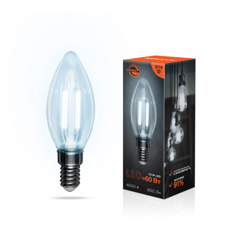 Лампа светодиодная  REXANT филаментная Свеча CN35 7.5 Вт 600 Лм 4000K E14 диммируемая, прозрачная колба (10/100) (604-088) фото 4