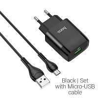 Блок питания сетевой 1 USB HOCO C72Q, Glorious, 3A, пластик, QC3.0, кабель микро USB, цвет: чёрный (1/30/180) (6931474732521)