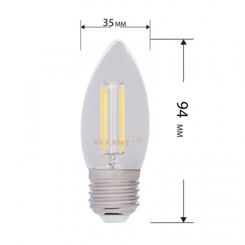 Лампа светодиодная  REXANT филаментная Свеча CN35 7.5 Вт 600 Лм 2700K E27 диммируемая, прозрачная колба (10/100) (604-089) фото 3