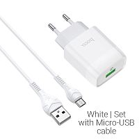Блок питания сетевой 1 USB HOCO C72Q, Glorious, 3A, пластик, QC3.0, кабель микро USB, цвет: белый (1/30/180) (6931474732538)