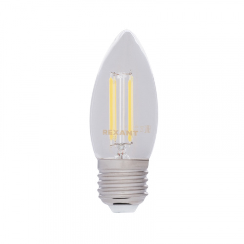 Лампа светодиодная  REXANT филаментная Свеча CN35 7.5 Вт 600 Лм 2700K E27 диммируемая, прозрачная колба (10/100) (604-089)