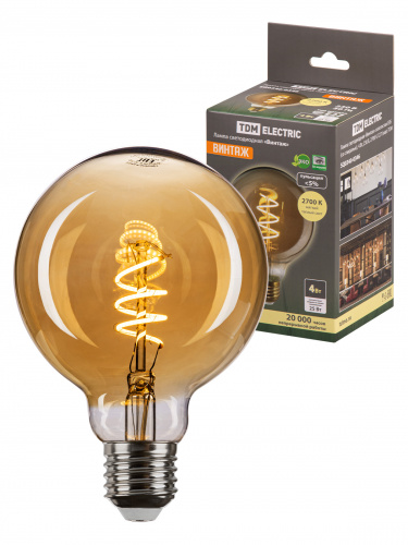 Лампа светодиодная TDM «Винтаж» золотистая G95 (со спиралью), 4 Вт, 230 В, 2700 К, E27 (шар) (1/20) (SQ0340-0346)