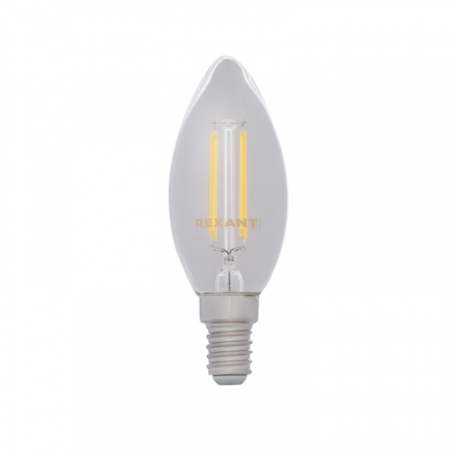 Лампа светодиодная  REXANT филаментная Свеча CN35 7.5 Вт 600 Лм 4000K E14 диммируемая, прозрачная колба (10/100) (604-088)