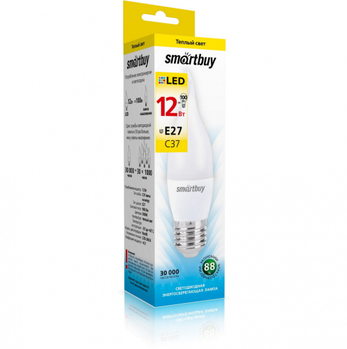 Лампа светодиодная SMARTBUY C37 12Вт 3000К E27 (свеча на ветру, матовая, теплый свет) (1/10/100) (SBL-C37Can-12-30K-E27)