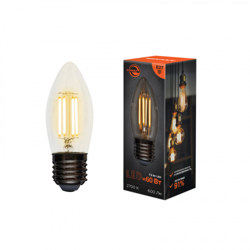 Лампа светодиодная  REXANT филаментная Свеча CN35 7.5 Вт 600 Лм 2700K E27 диммируемая, прозрачная колба (10/100) (604-089) фото 4