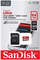 Карта памяти MicroSD  64GB  SanDisk Class 10 Ultra UHS-I A 1 (140 Mb/s) + SD адаптер (SDSQUAB-64G-GN6MA)