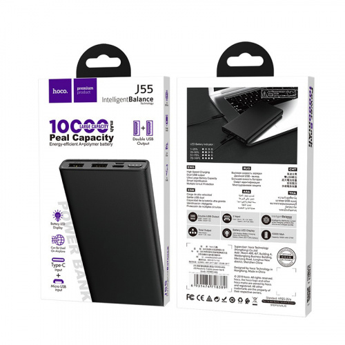 Мобильный аккумулятор Аккумулятор внешний HOCO J55, 10000mAh, 2 USB выхода, Micro и Type-C входы, LED индикатор, черный (1/44) (6931474718389) фото 6
