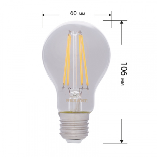 Лампа светодиодная  REXANT филаментная Груша A60 9.5 Вт 1140 Лм 4000K E27 диммируемая, прозрачная колба (10/100) (10/100)(10/100) фото 3