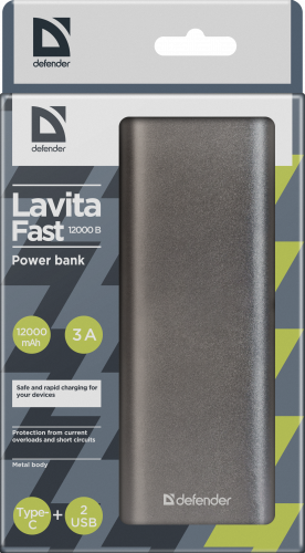 Мобильный аккумулятор ЗУ DEFENDER Lavita Fast 12000B Li-ion, 2 USB+1 Type-C, 12000 mAh, 3A, быстрый заряд (1/20) (83626) фото 8