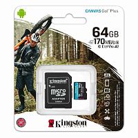 Карта памяти MicroSD  64GB  Kingston Class 10 Canvas Go Plus UHS-I U3 V30 A2 (170/70 Mb/s) + SD адаптер (SDCG3/64GB)