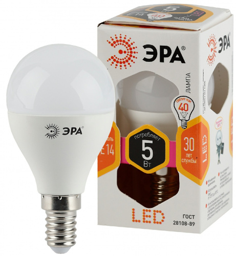 Лампа светодиодная ЭРА STD LED P45-5W-827-E14 E14 / Е14 5Вт шар теплый белый свет (1/100) (Б0028485) фото 4