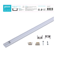 Профиль для светодиодной ленты GAUSS врезной гл 6х16mm - 2m, алюминий, экран+крепеж в комплекте (1/80) (BT414)