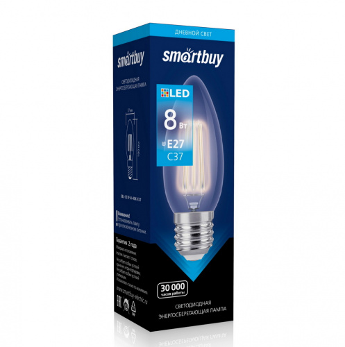 Лампа светодиодная SMARTBUY филамент C37 8Вт 4000K E27 (свеча, нейтральный свет) (1/100) (SBL-C37F-8-40K-E27)