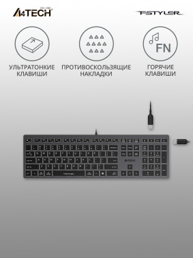 Клавиатура A4TECH Fstyler FX60H серый/белый USB slim Multimedia LED, серый (FX60H GREY/WHITE) фото 3