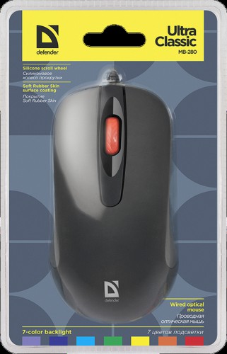 Мышь Defender Ultra Classic MB-280, черный, USB, 7 цветов, 3 кнопки, 1000dp, блистер (1/40) (52280)