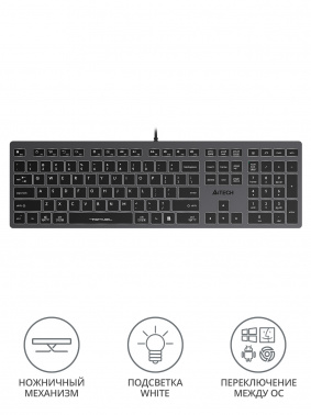 Клавиатура A4TECH Fstyler FX60 USB slim Multimedia LED, серый/белый (FX60 GREY / WHITE) фото 2