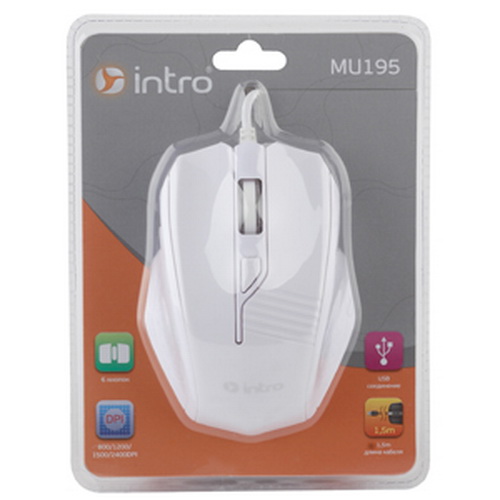 Мышь INTRO MU195, белая, USB, проводная,3 кн, в блистере (40/720) (Б0020528) фото 2