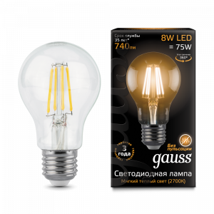 Лампа светодиодная GAUSS "Филамент" A60 E27 8W 2700К 1/10/40 (102802108) фото 2