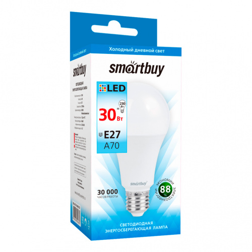 Лампа светодиодная SMARTBUY A70 30Вт 220V 6000К E27 (холодный свет) (10/50) (SBL-A70-30-60K-E27)