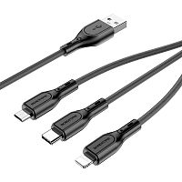 Кабель USB - 8 pin, Type-C, микро USB Borofone BX66 Wide, 1.0м, круглый, 2.0A, силикон, 3 в 1, цвет: чёрный (1/360)