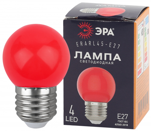 Лампа светодиодная ЭРА RL45-E27 Р45-1W-E27 (диод. шар, красн., 4SMD, 1W, E27, для белт-лайт) (10/100/6000)