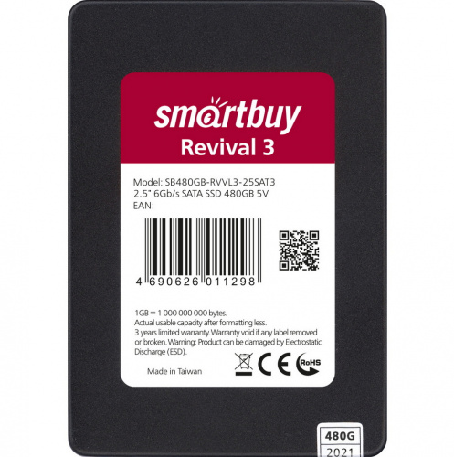 Внутренний SSD  Smart Buy  480GB  Revival 3, SATA-III, R/W - 550/480 MB/s, 2.5", Phison PS3111-S11T, TLC 3D NAND (SB480GB-RVVL3-25SAT3)