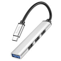 USB-концентратор HOCO HB26, пластик, 4 гнезда, 3 USB 2.0 выхода, 1 USB 3.0 выход, кабель Type-C, цвет: серый (1/18/180) (6931474765482)