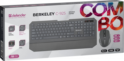 Комплект беспроводной Клавиатура + Мышь DEFENDER Berkeley C-925, чёрный (1/12) (45925) фото 11