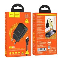 Блок питания сетевой 1 USB, 1 Type-C, HOCO N28 Founder, 3000mA, пластик, QC3.0, PD20Вт, кабель 8 pin, цвет: чёрный (1/13/130)