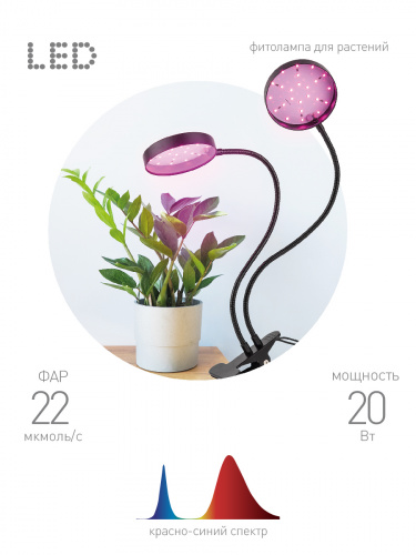 Светильник светодиодный ЭРА для растений на прищепке FITO-20W-АLED-R красно-синего спектра 20 Вт черный (1/12) (Б0053290) фото 11