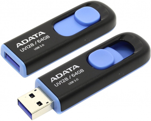 Флеш-накопитель USB 3.0  64GB  A-Data  UV128  чёрный/синий (AUV128-64G-RBE) фото 3