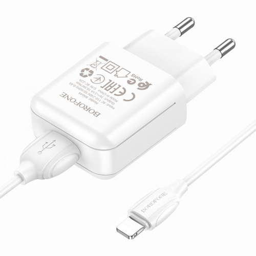 Блок питания сетевой 1 USB Borofone BA64A, 2100mA, кабель 8 pin, 1.0 м, цвет: белый (1/64/256) (6974443383850)