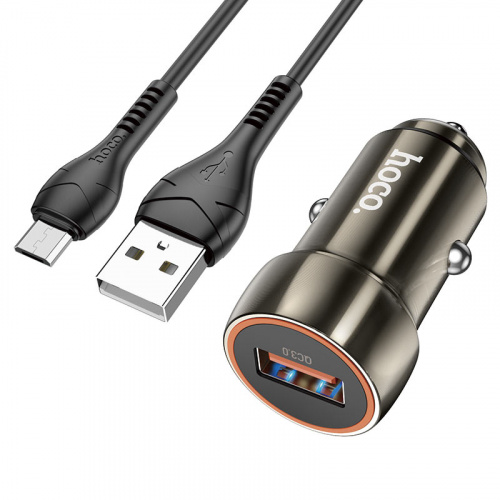 Блок питания автомобильный 1 USB HOCO Z46, Blue shield, QC, AFC, FCP, кабель USB - микро USB, 1.0м, цвет: серый (1/13/130) (6931474770295)