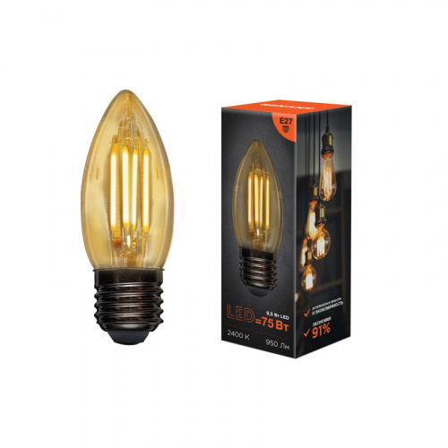 Лампа светодиодная REXANT филаментная Свеча CN35 9,5 Вт 950 Лм 2400K E27 золотистая колба (10/100) (604-100) фото 4