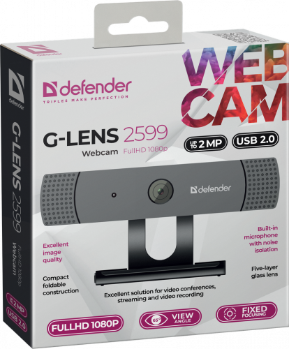 Веб-камера Defender G-lens 2599 FullHD 1080p, 2МП, кабель 2м, черный (1/60) (63199) фото 7