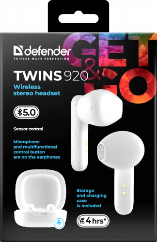 Беспроводная гарнитура DEFENDER Twins 920, TWS, Bluetooth, белый (1/40) (63920) фото 2