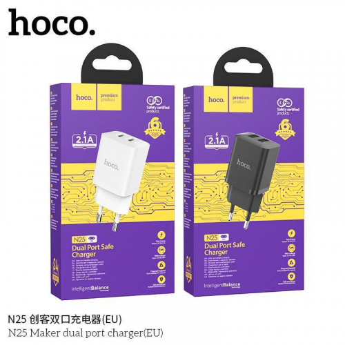 Блок питания сетевой 2 USB, HOCO N25 Maker, 3000mA, пластик, 2.1A, цвет: белый (1/13/130) (6931474782083)