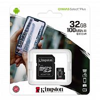 Карта памяти MicroSD  32GB  Kingston Class 10 Canvas Select Plus A1 (100 Mb/s) + SD адаптер (SDCS2/32GB)