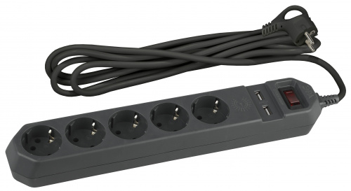 Сетевой фильтр ЭРА USF-5es-1.5m-USB-B с базовой защитой с заземлением с выключателем 5 розеток 1,5м 2хUSB 10А черный (1/20) (Б0019036) фото 3