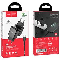 Блок питания сетевой 1 USB HOCO, N2, Vigour, 2000mA, пластик, огнестойкий, кабель Type-C, X37 cool, цвет: чёрный (1/12/120)