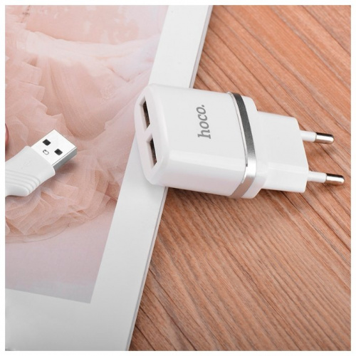 Блок питания сетевой 2 USB HOCO C12, 2400mA, пластик, кабель 8 pin, цвет: белый (1/10/100) (6957531047766) фото 15