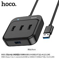 USB-концентратор HOCO HB31, пластик, 4 гнезда, 3 USB 2.0 выхода, 1 USB 3.0 выход, кабель 0,2м, цвет: чёрный (1/19/190) (6931474784889)