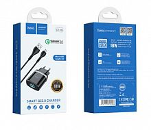 Блок питания сетевой 1 USB HOCO C12Q, 3000mA, пластик, QC3.0, кабель микро USB, цвет: чёрный (1/10/100) (6931474716279)