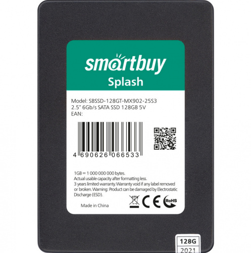 Внутренний SSD  Smart Buy  128GB  Splash, SATA-III, R/W - 560/500 MB/s, 2.5", Maxio MS0902, TLC 3D NAND (SBSSD-128GT-MX902-25S3)