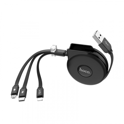 Кабель USB - 8 pin, Type-C, микро USB HOCO U50 Retractable, 1.0м, плоский, 2.0A, силикон, автосмотка, цвет: чёрный (1/30/180) (6957531093619) фото 3
