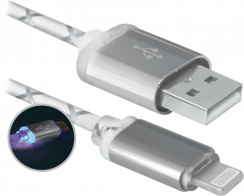 Кабель DEFENDER ACH03-03LT, cерый, LED, USB-Lightning, 1м (1/100) (87550) фото 2