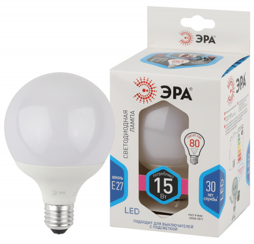 Лампа светодиодная ЭРА STD LED G95-15W-4000K-E27 E27 / Е27 15Вт шар нейтральный белый свет (1/20) (Б0049078)