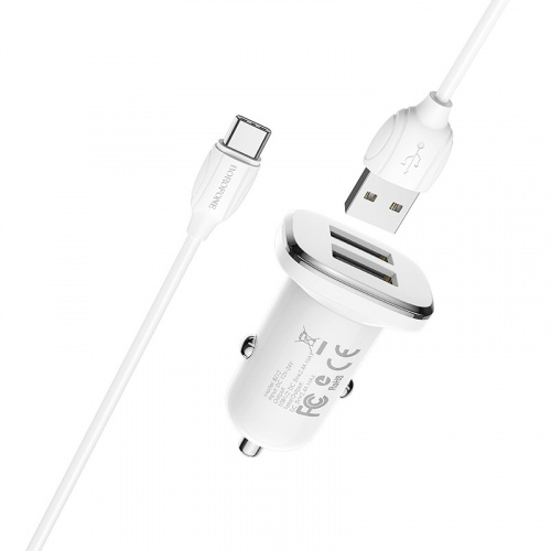 Блок питания автомобильный 2 USB Borofone BZ12, Lasting, 2400mA, пластик, кабель Type-C, цвет: белый (1/44/176) (6931474708670) фото 4