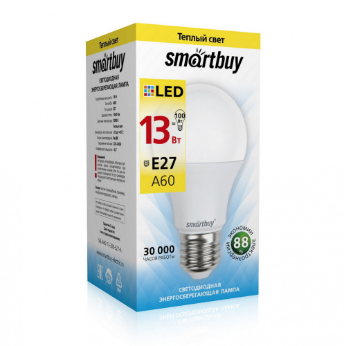 Лампа светодиодная SMARTBUY A60 13Вт 220V 3000K E27 (тёплый свет) (1/10/50) (SBL-A60-13-30K-E27-A)