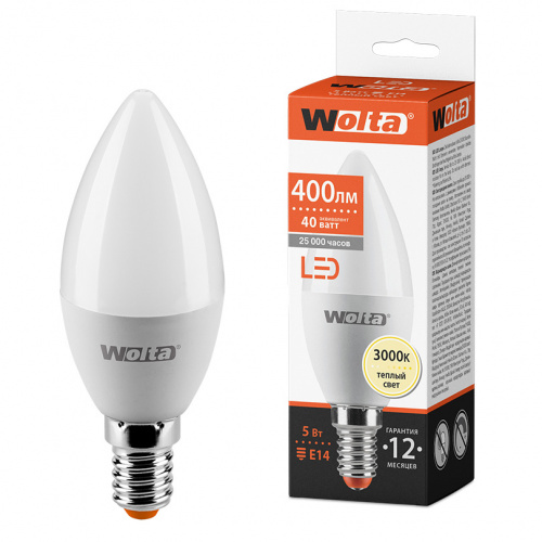 Лампа светодиодная WOLTA Свеча C37 5Вт 3000К 400лм Е14 1/50 (25YC5E14)